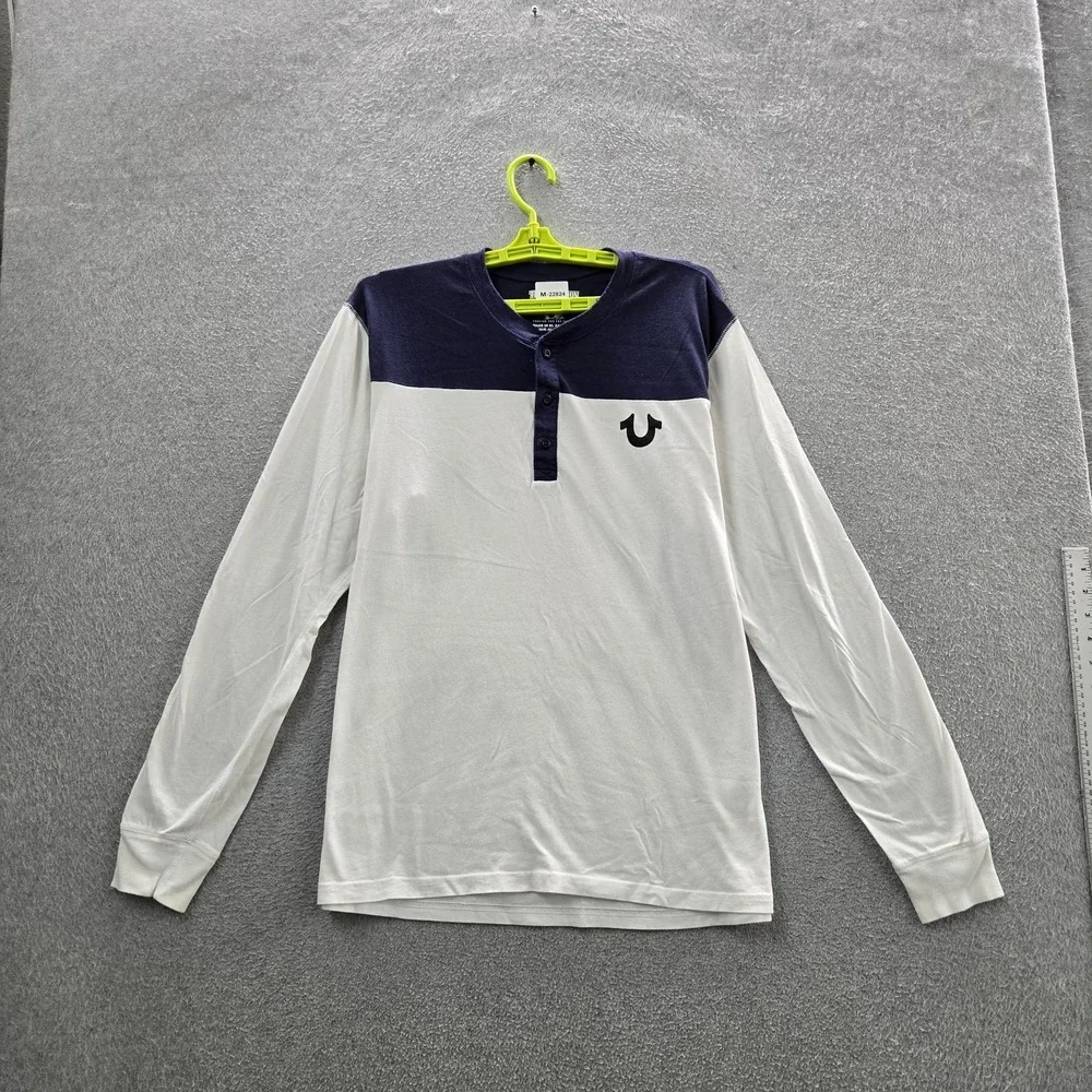 True Religion Men Shirt L/G White Colorblock Henley Logo‎ Long Sleeve